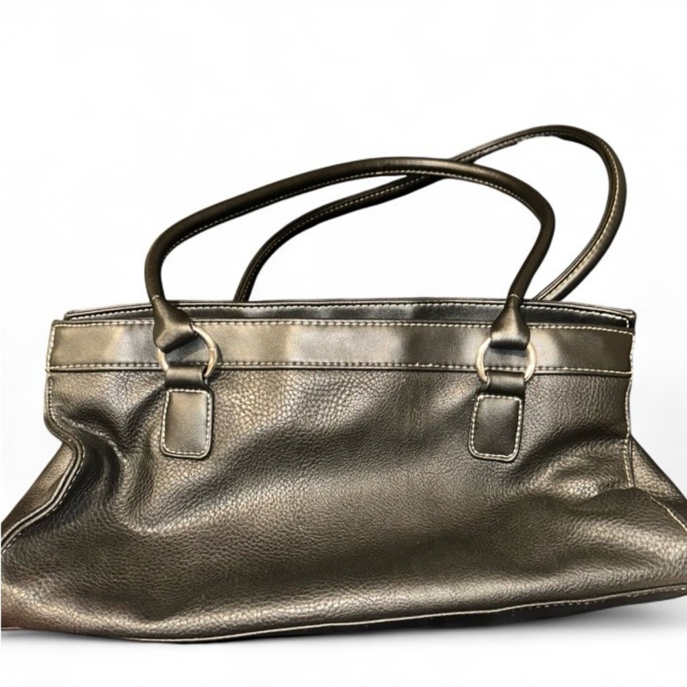 Sag Harbor Black Faux Leather Shoulder Bag Purse Silver Hardware Mid-Size